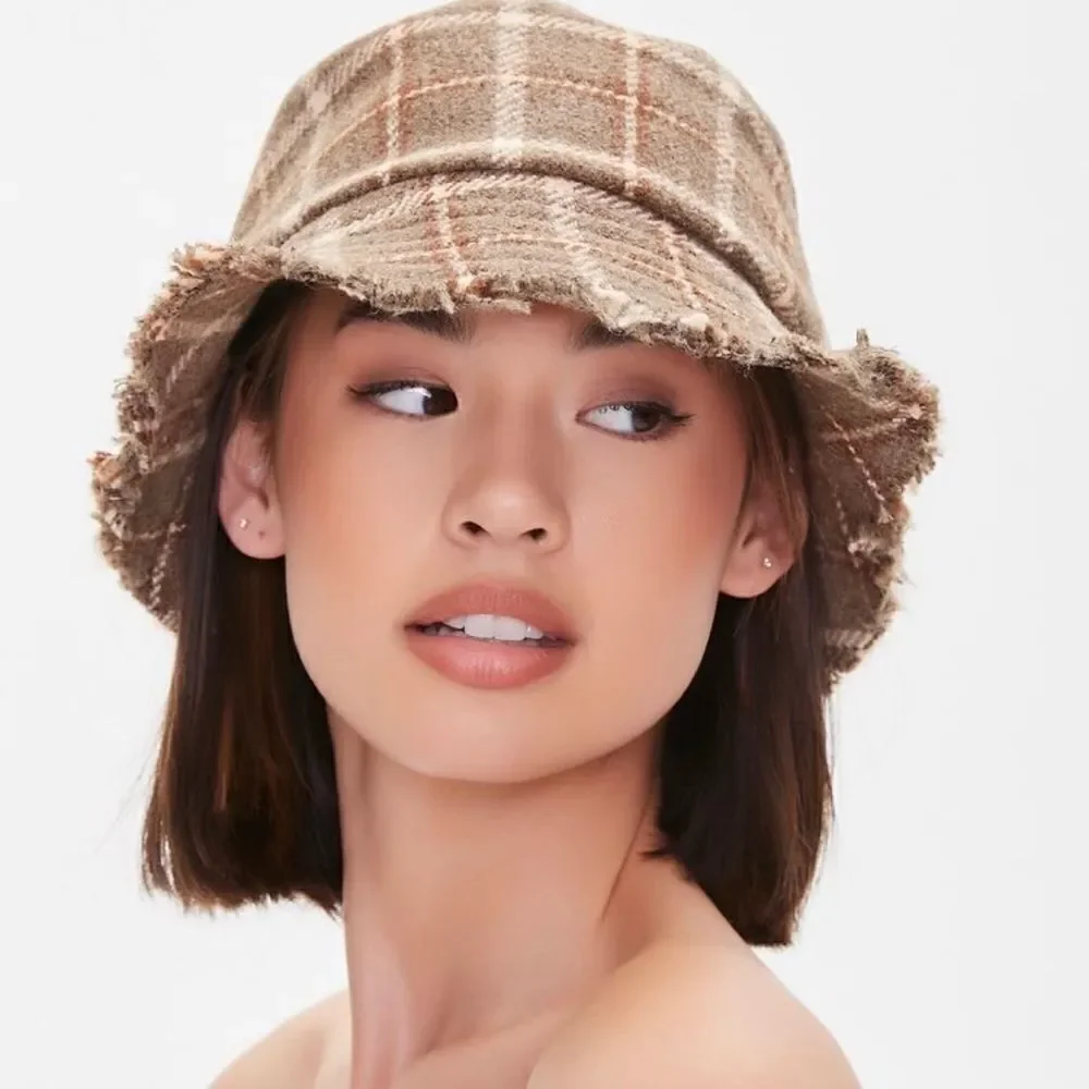 Frayed Woven Bucket Hat allover plaid pattern wide brim, and frayed raw-cut Trim